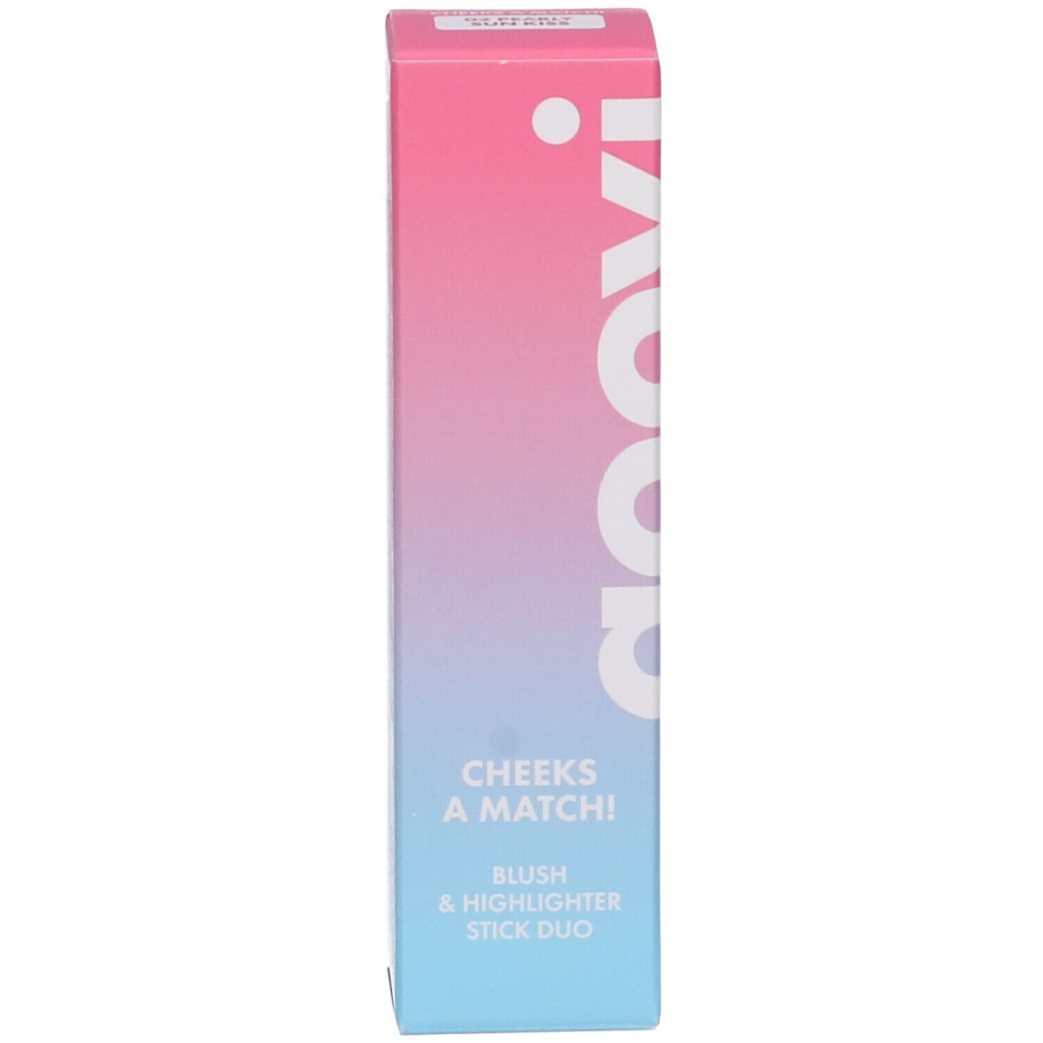 Confezione per duo stick blush e illuminante. Sfumatura rosa-azzurra con logo Goovi e nome del prodotto.