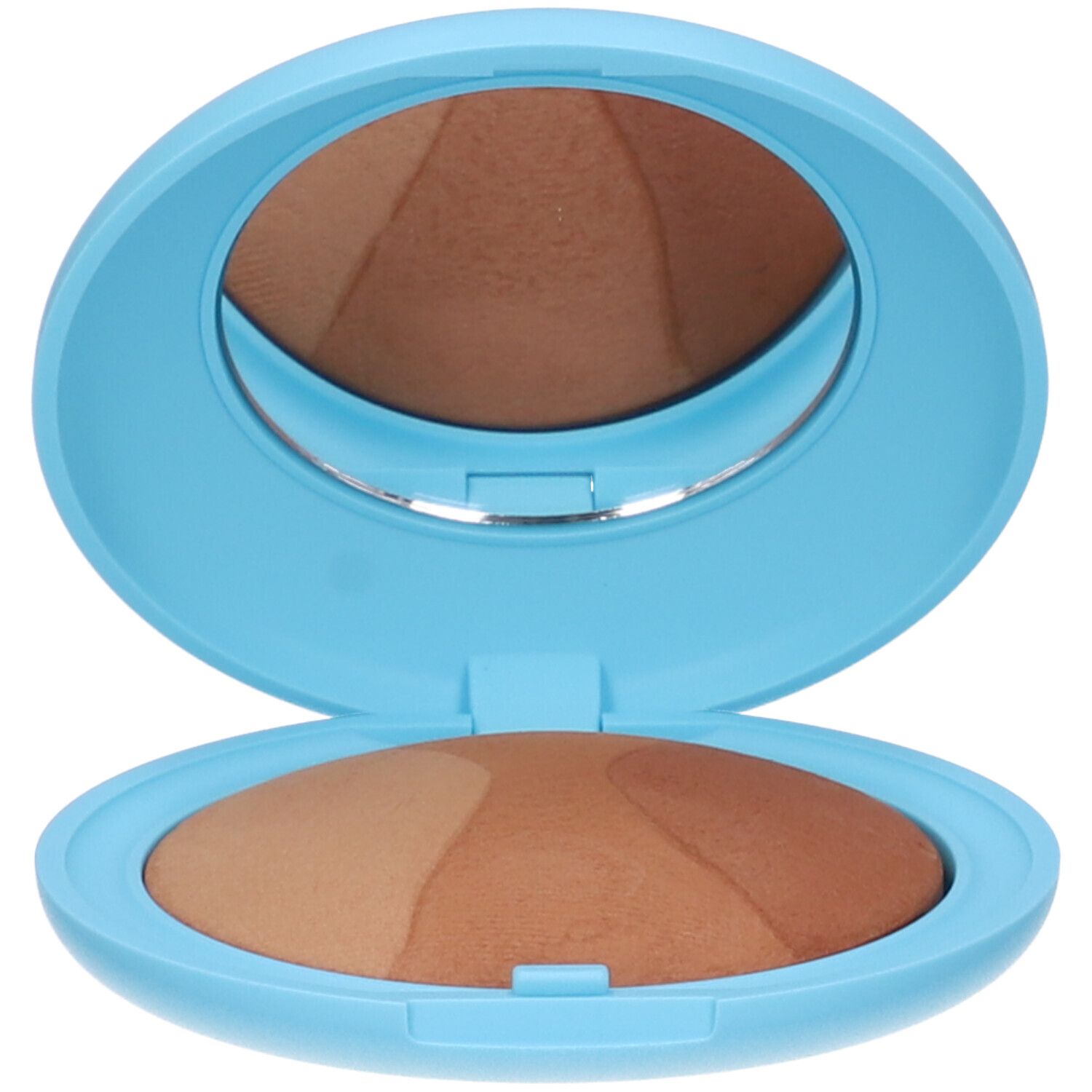 Astuccio cosmetico azzurro aperto, con specchio e tre tonalità di colore.