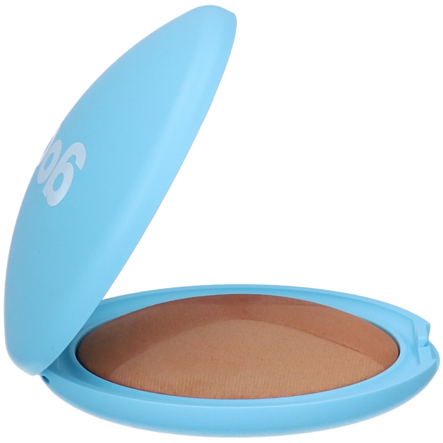 Astuccio cosmetico azzurro aperto. Colore abbronzante marrone visibile.