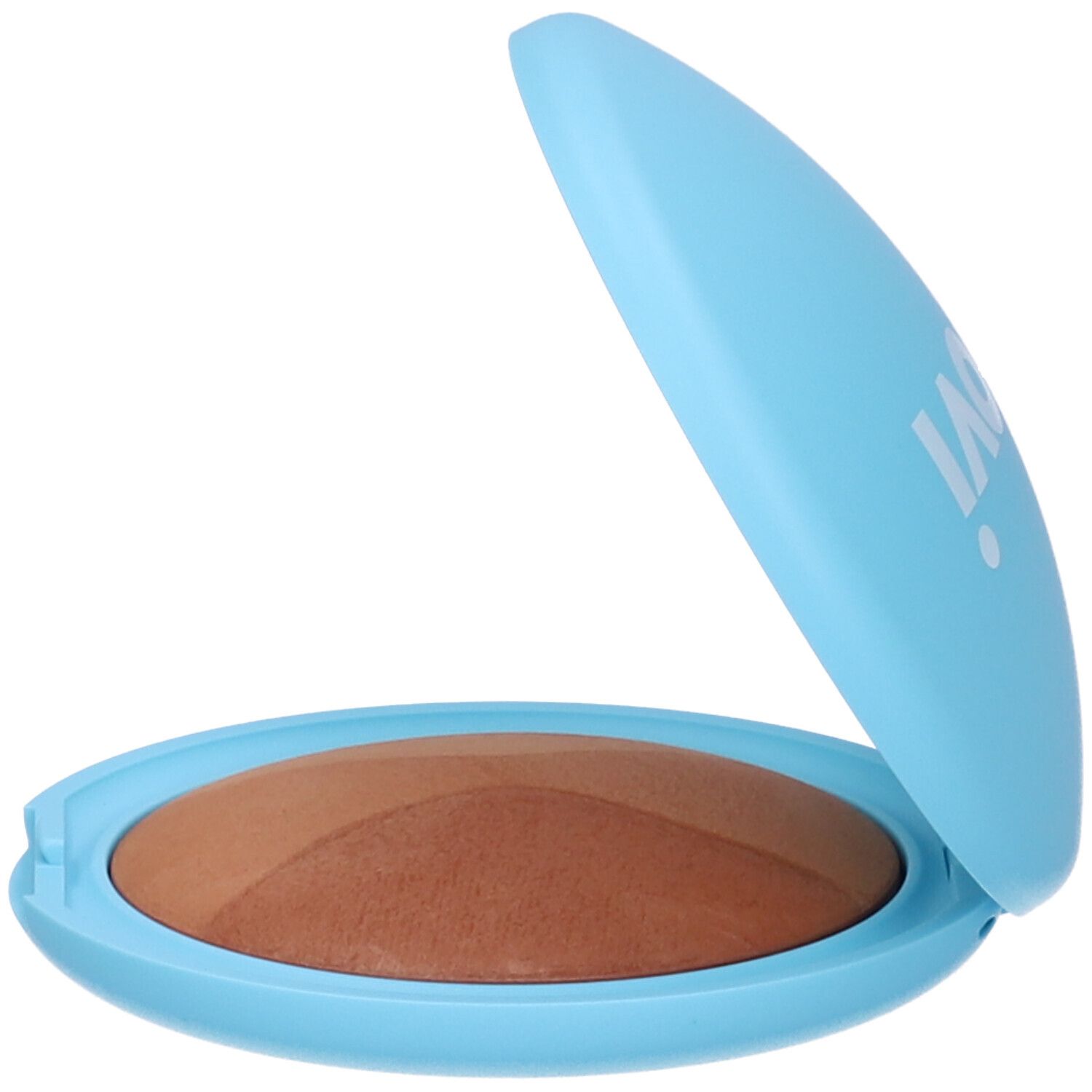 Astuccio cosmetico azzurro aperto. Tre tonalità di colore visibili.