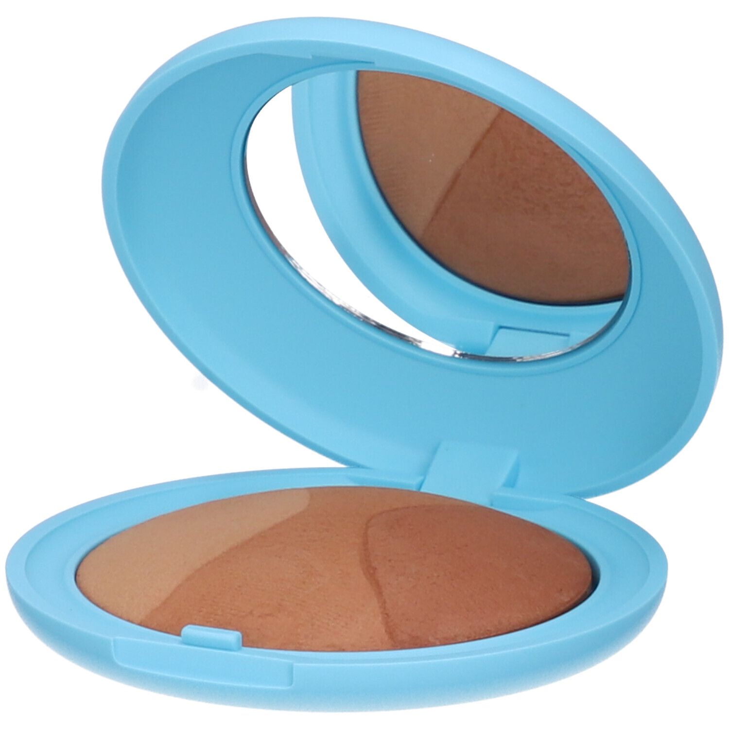 Astuccio cosmetico azzurro aperto. Specchio e tre tonalità.