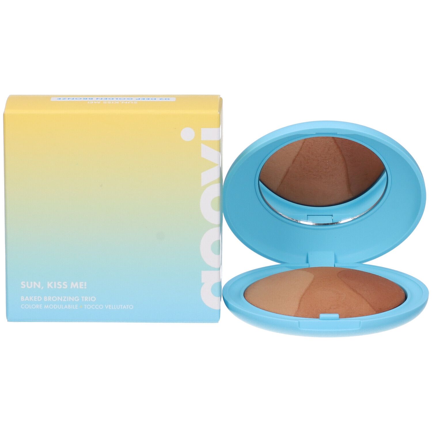 Confezione cosmetica con astuccio aperto e prodotto. Marchio Goovi.