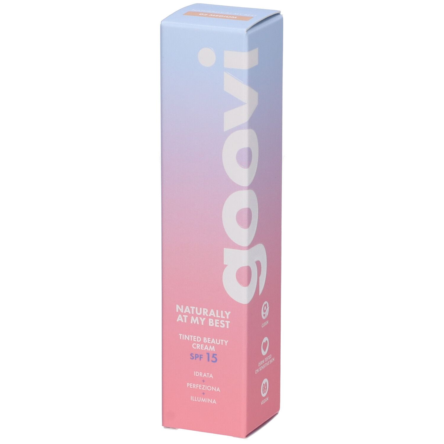 Confezione crema colorata Goovi. Scritte su sfondo rosa-azzurro. SPF 15.
