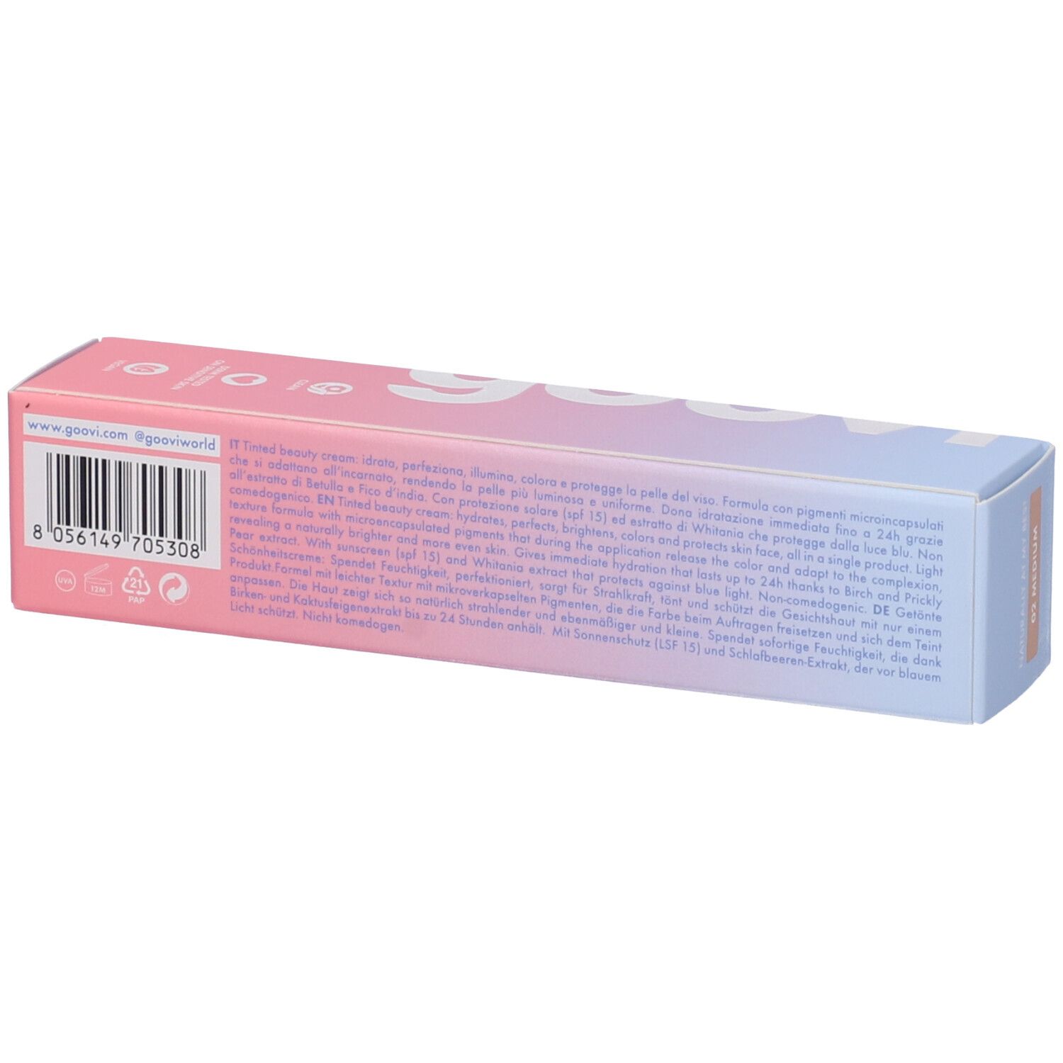 Parte superiore confezione crema colorata. Codice a barre e testo. Marca Goovi. Sfondo rosa-azzurro.