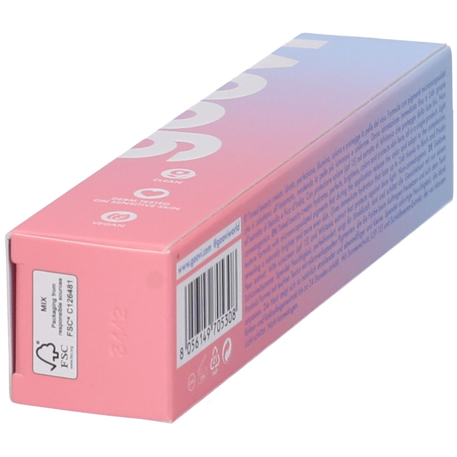 Parte inferiore confezione crema colorata. Logo FSC e testo. Marca Goovi. Sfondo rosa-azzurro.