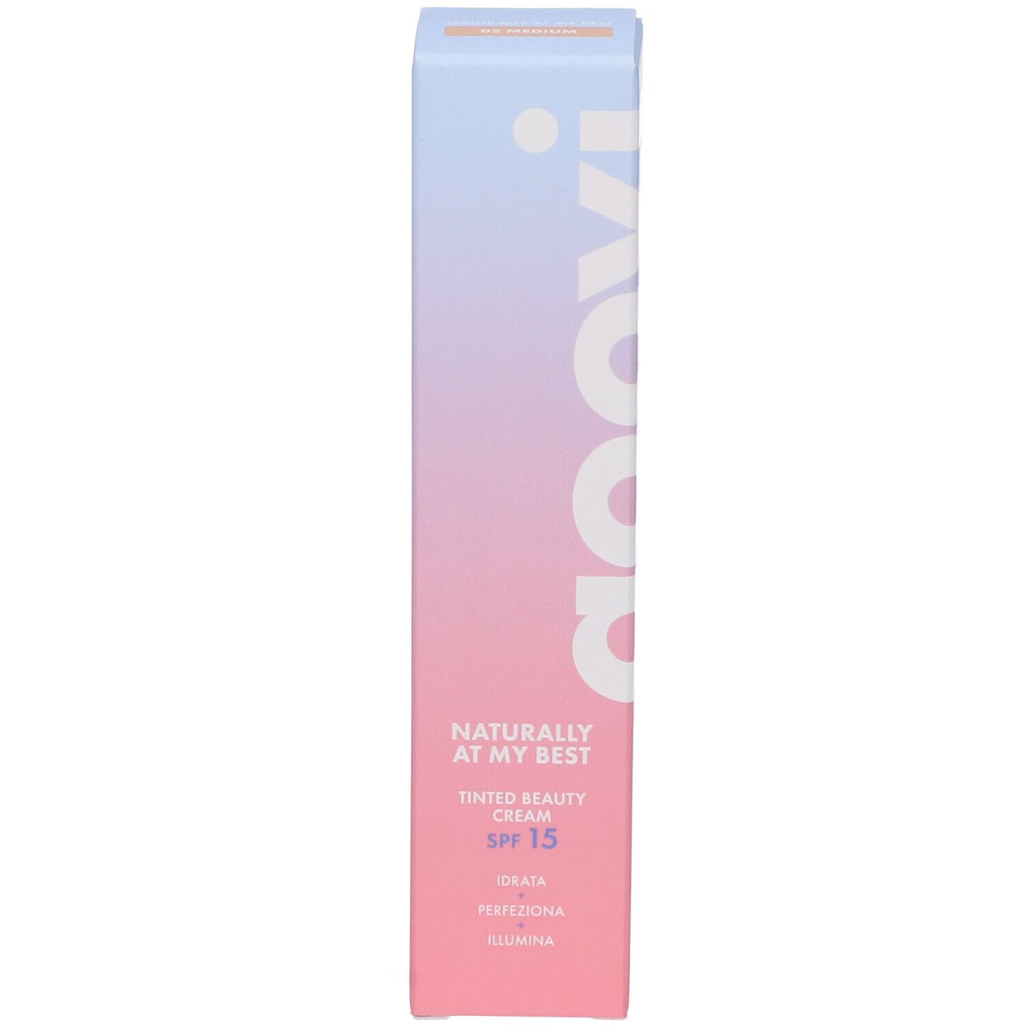 Confezione crema colorata Goovi. Scritte su sfondo rosa-azzurro. SPF 15.