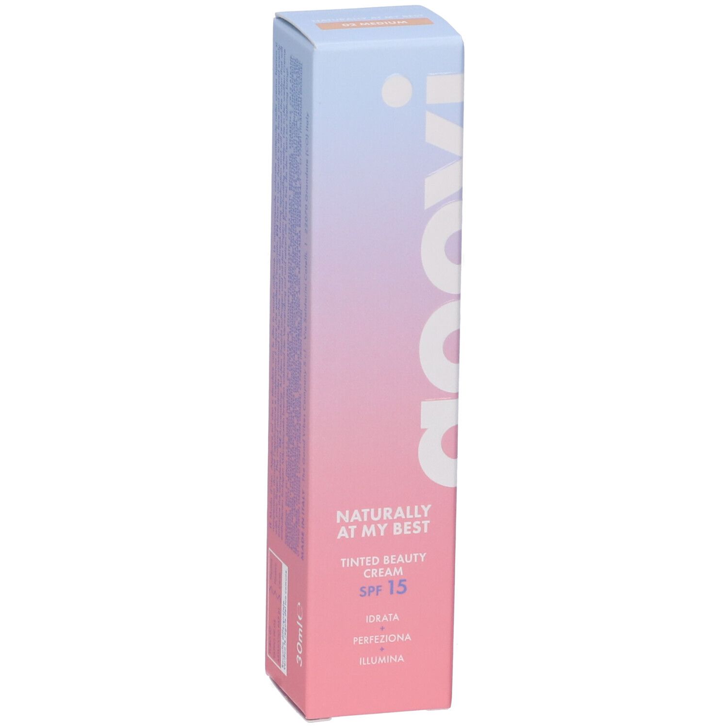 Confezione crema colorata Goovi. Scritte su sfondo rosa-azzurro. SPF 15. 30ml.