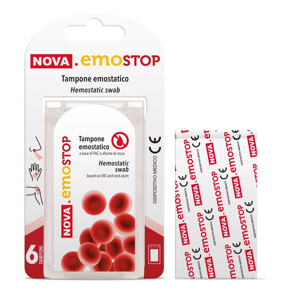 Confezione da sei tamponi NOVA.emostop. Un tampone è confezionato separatamente. Scritte: nome del prodotto, marchio CE, uso medico.