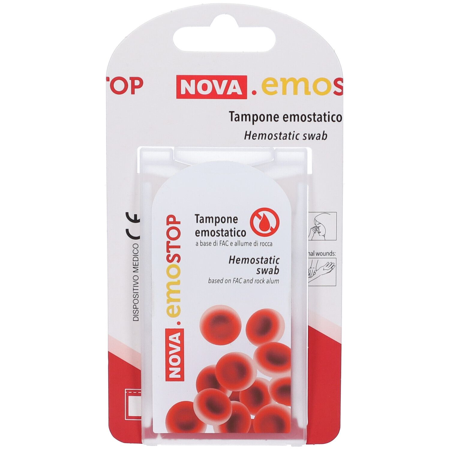 Confezione di tamponi NOVA.emostop. Nome del prodotto e marchio CE visibili. Illustrazione di epistassi.