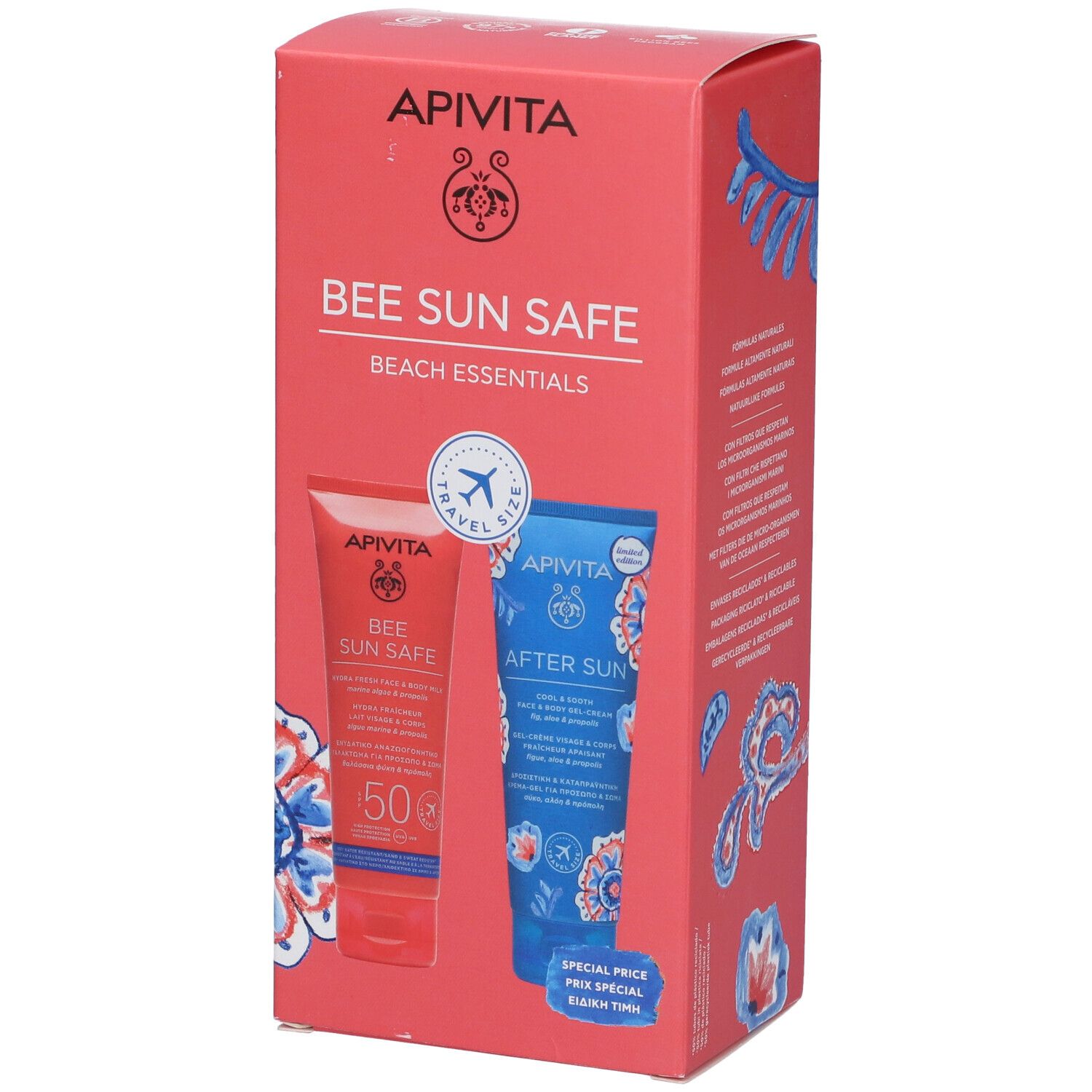 Confezione rossa con due tubi. Scritta: Bee Sun Safe Beach Essentials. Logo e nomi dei prodotti.