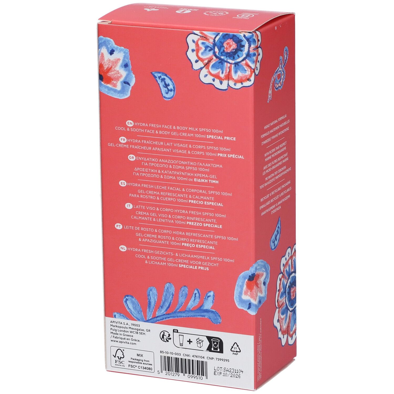 Confezione rossa con testo. Scritta: Hydra Freshness & Body Milk. Testo in più lingue.