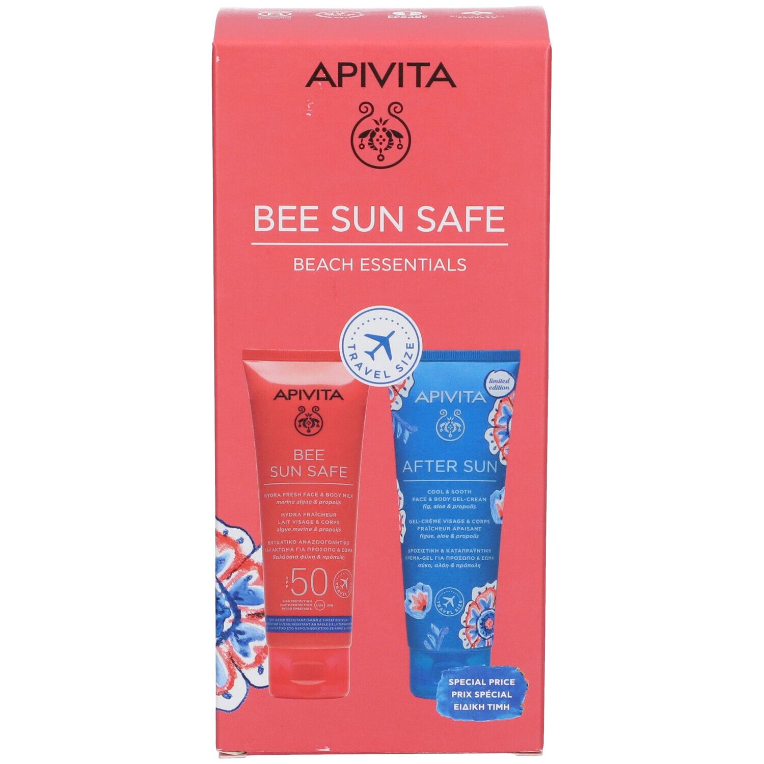 Confezione rossa con due tubi. Scritta: Bee Sun Safe Beach Essentials. Logo e nomi dei prodotti.