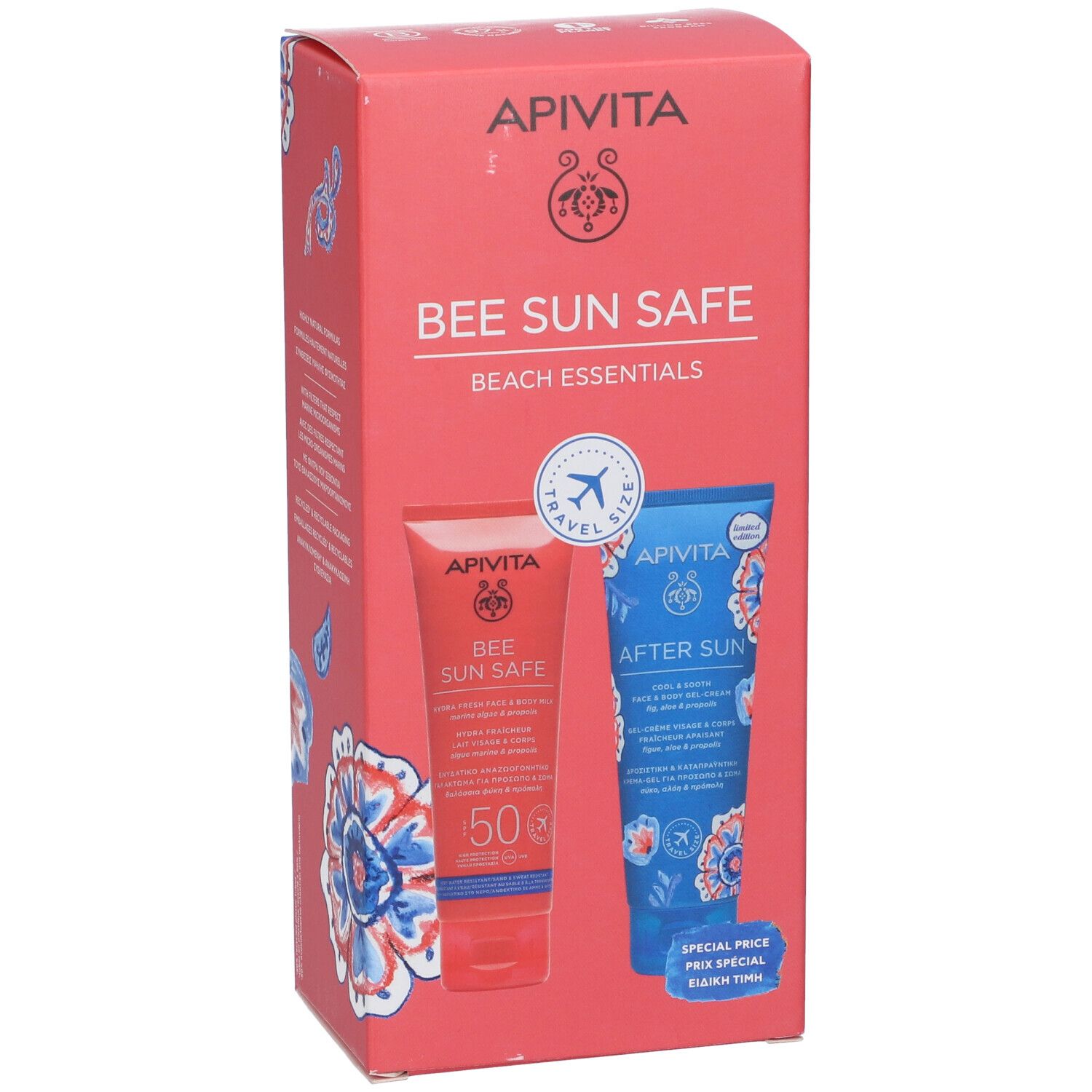 Confezione rossa con due tubi. Scritta: Bee Sun Safe Beach Essentials. Logo e nomi dei prodotti.