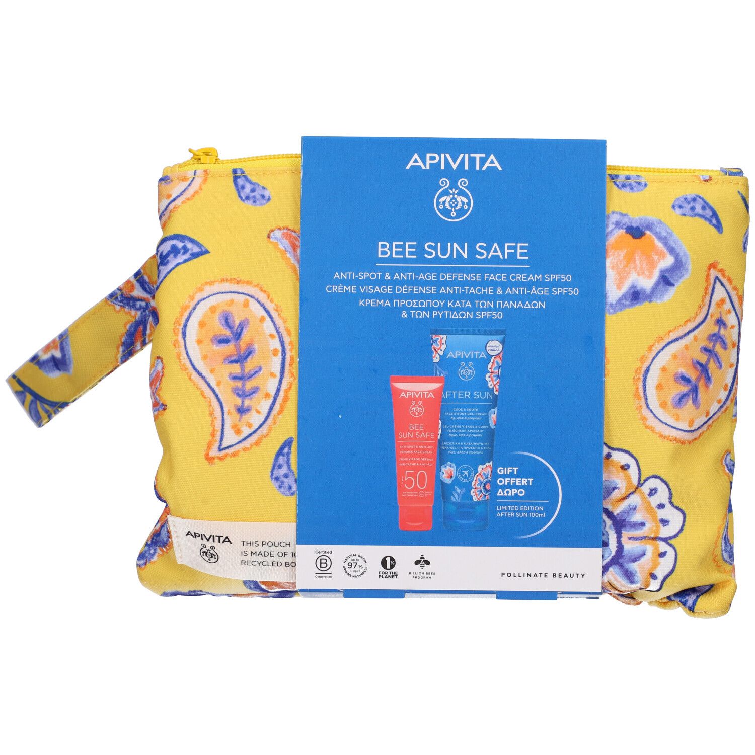 Pochette cosmetica gialla con motivi floreali e confezione del prodotto. Scritta: APIVITA BEE SUN SAFE, Anti-Spot & Anti-Age Defense Face Cream SPF50.