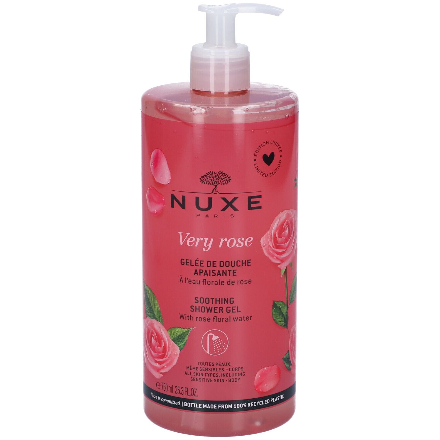 Flacone trasparente con liquido rosa e dosatore a pompa. Scritta: Nuxe Paris, Very rose, Gelée de douche apaisante. Con acqua floreale di rosa.