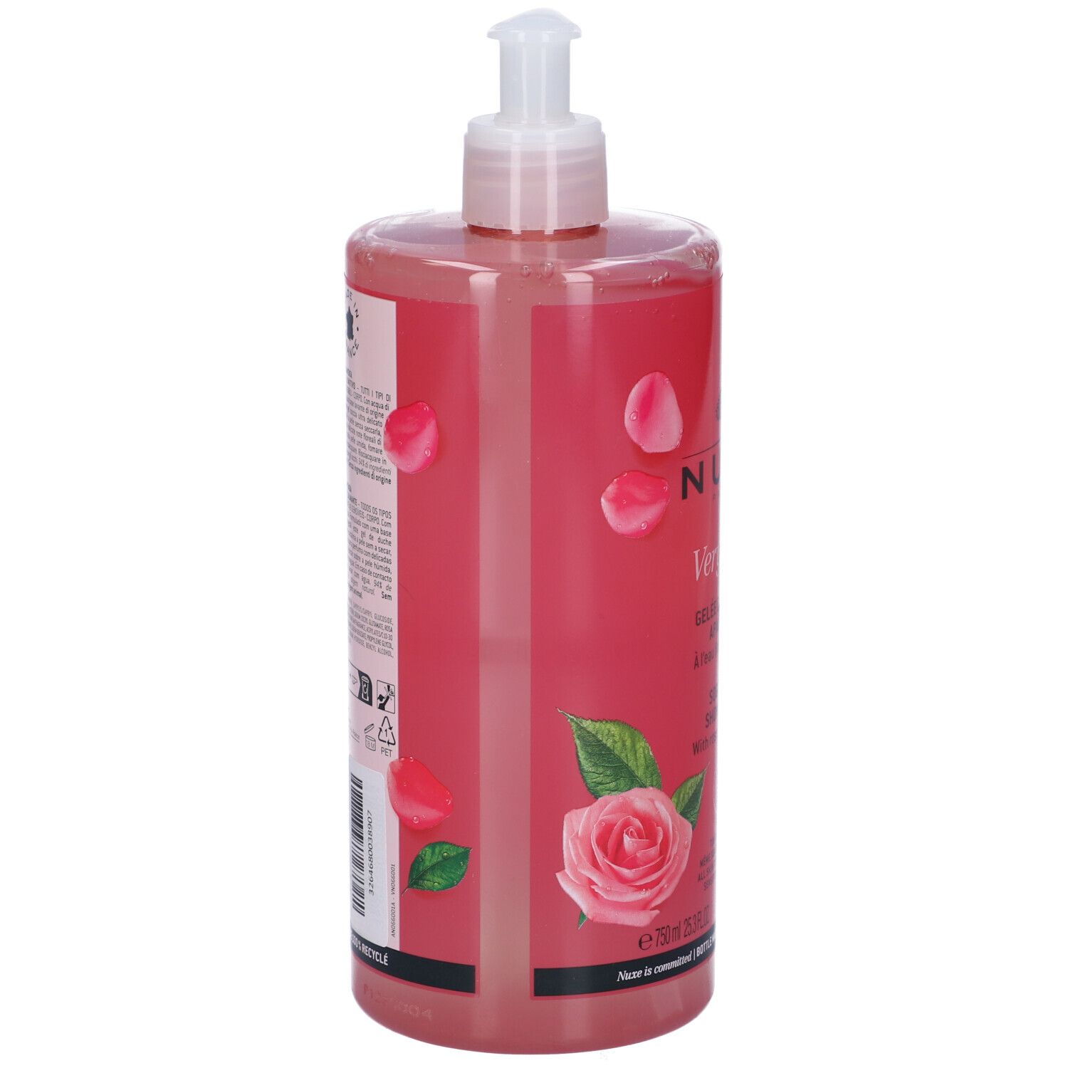 Retro di un flacone trasparente con liquido rosa. Stampa con testo e illustrazioni di rose. Dosatore a pompa.