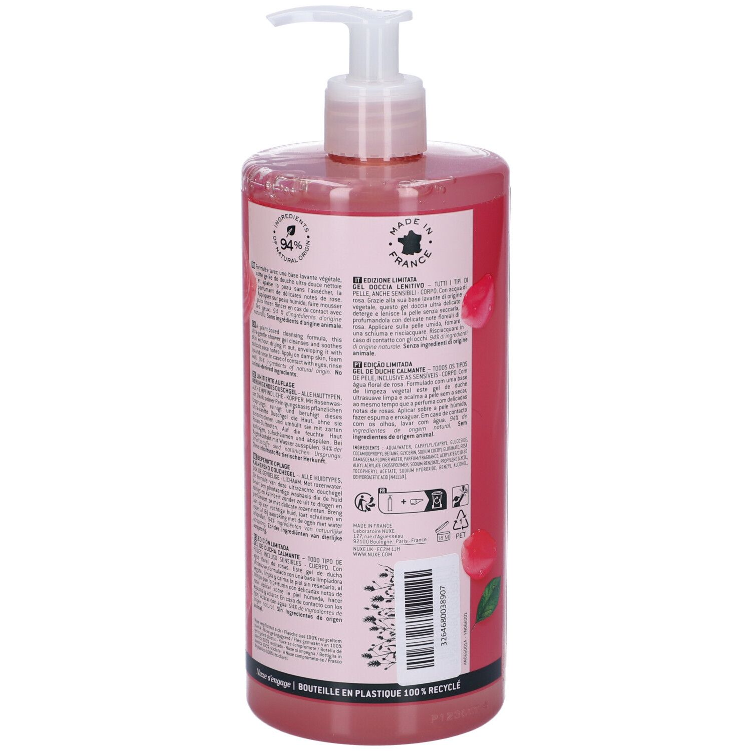Retro di un flacone trasparente con liquido rosa. Testo e illustrazioni di rose. Dosatore a pompa. Made in France.