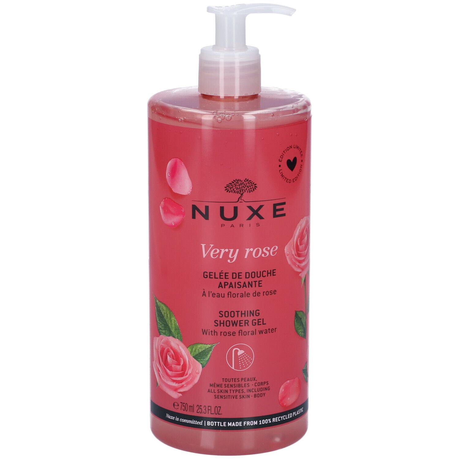 Flacone trasparente con liquido rosa e dosatore a pompa. Scritta: Nuxe Paris, Very rose, Gelée de douche apaisante. Con acqua floreale di rosa.