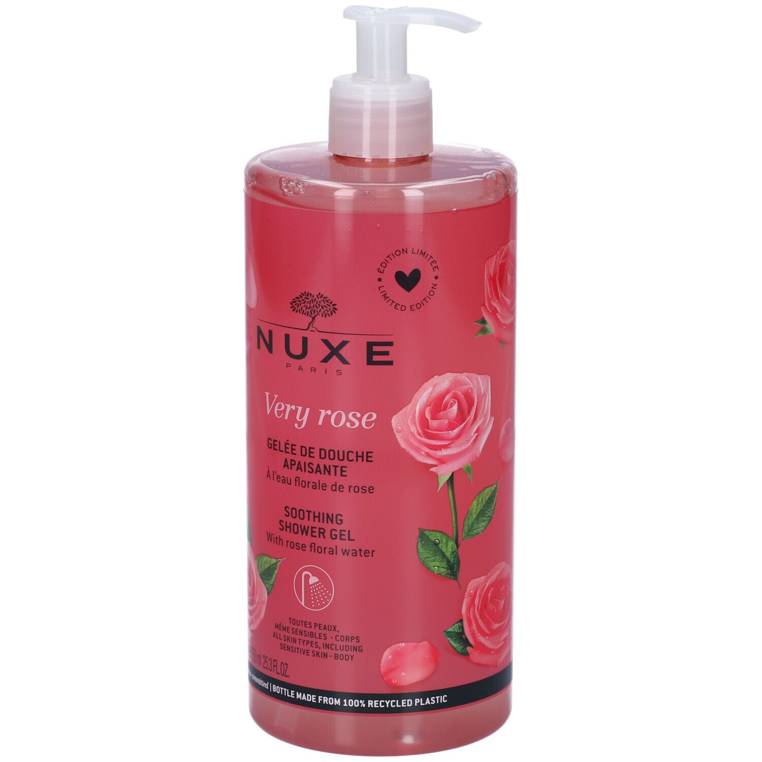 Flacone trasparente con liquido rosa e dosatore a pompa. Scritta: Nuxe Paris, Very rose, Gelée de douche apaisante. Con acqua floreale di rosa.