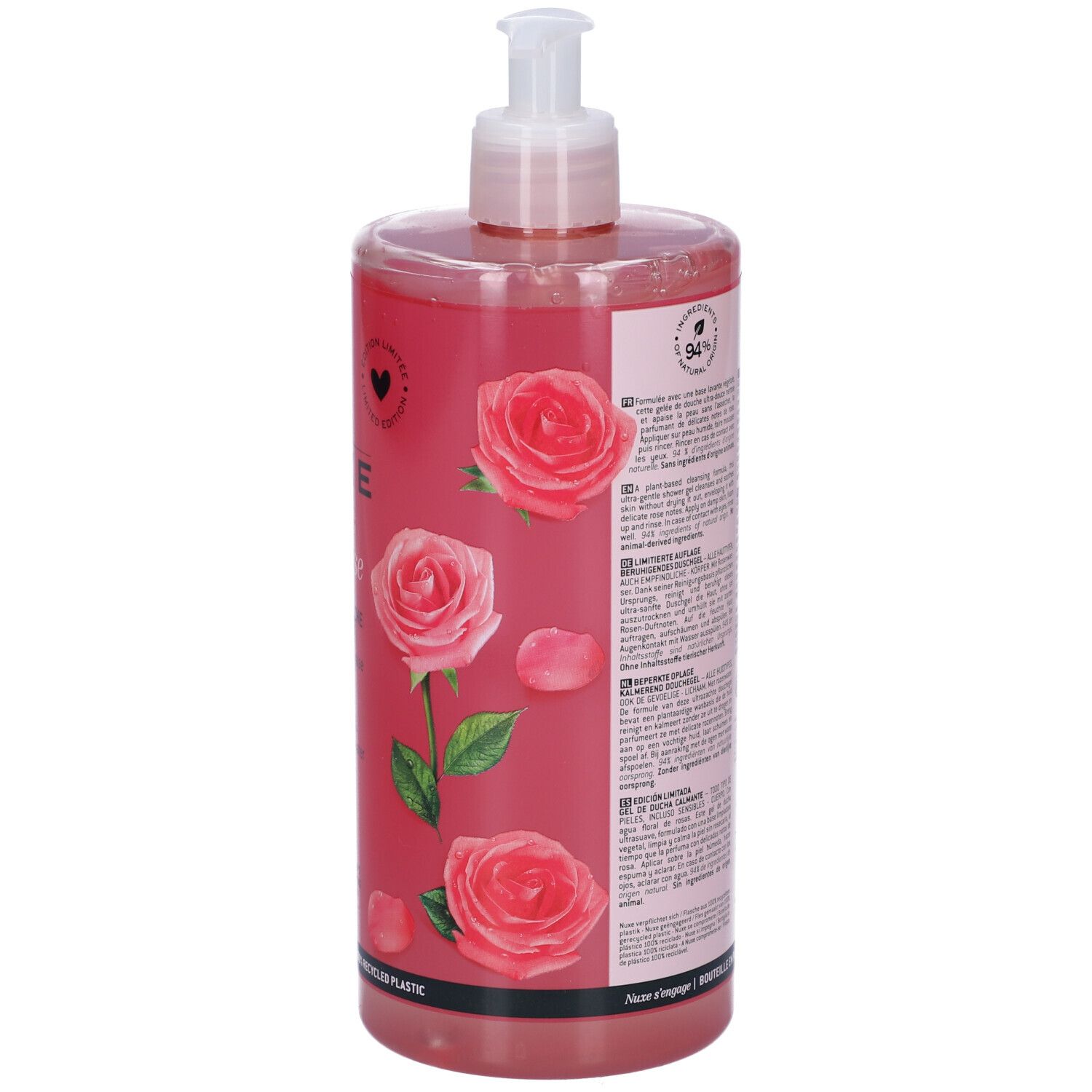 Retro di un flacone trasparente con liquido rosa. Testo e illustrazioni di rose. Dosatore a pompa. 94% ingredienti di origine naturale.