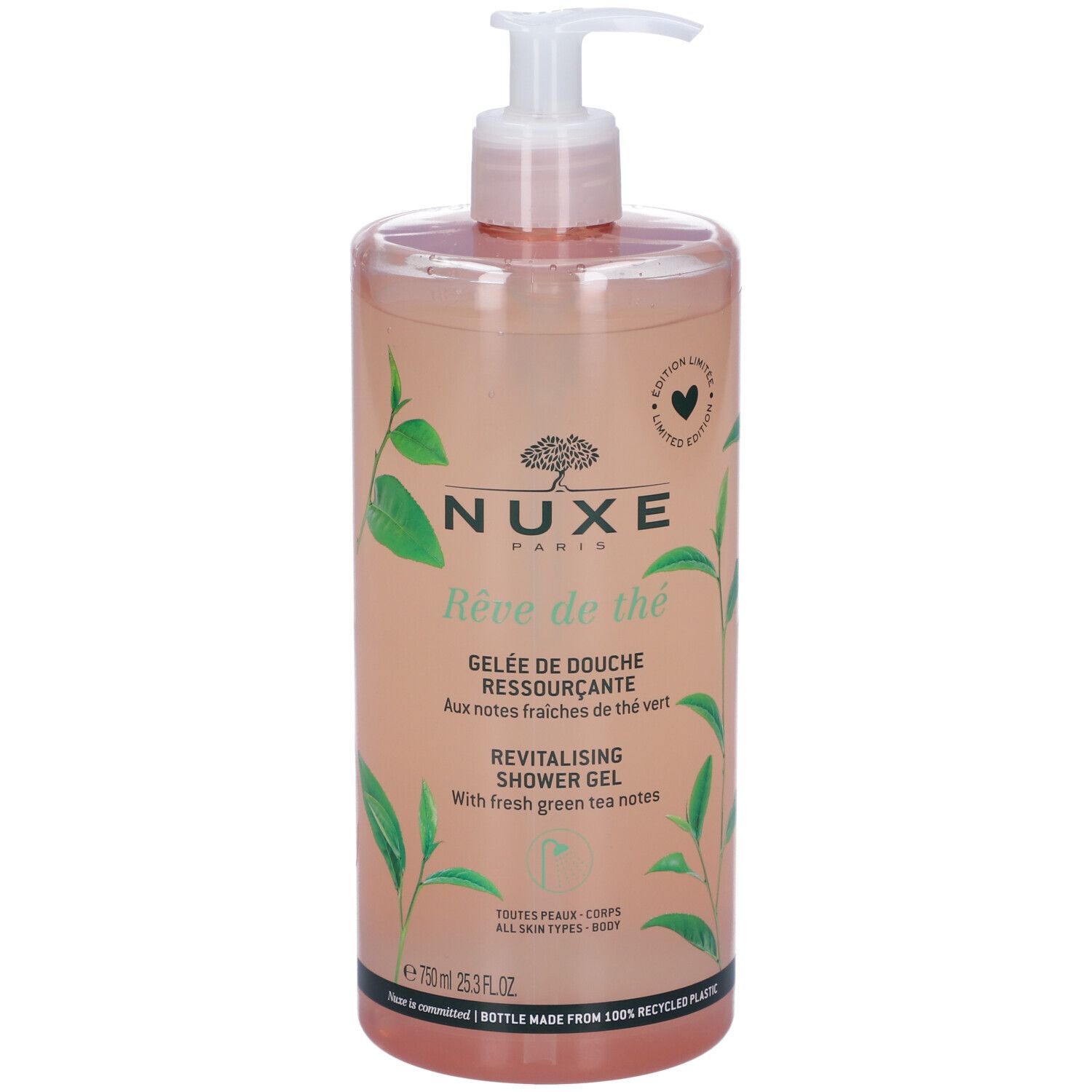 Flacone trasparente con dosatore. Scritta: Nuxe, Rêve de thé, Gelée de Douche. Decorato con foglie di tè verde.