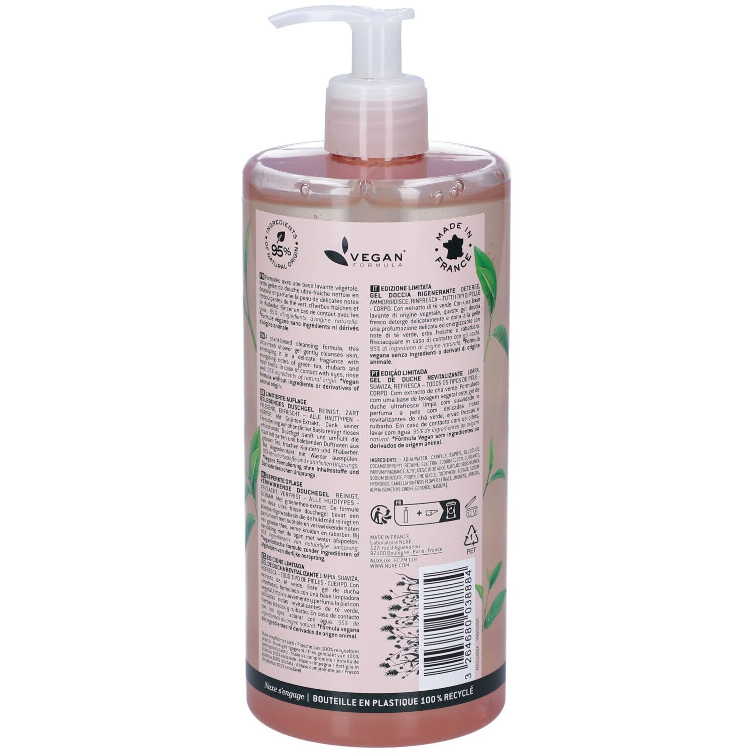 Retro del flacone. Testo multilingue. Sigilli Vegan e Made in France. Informazioni.