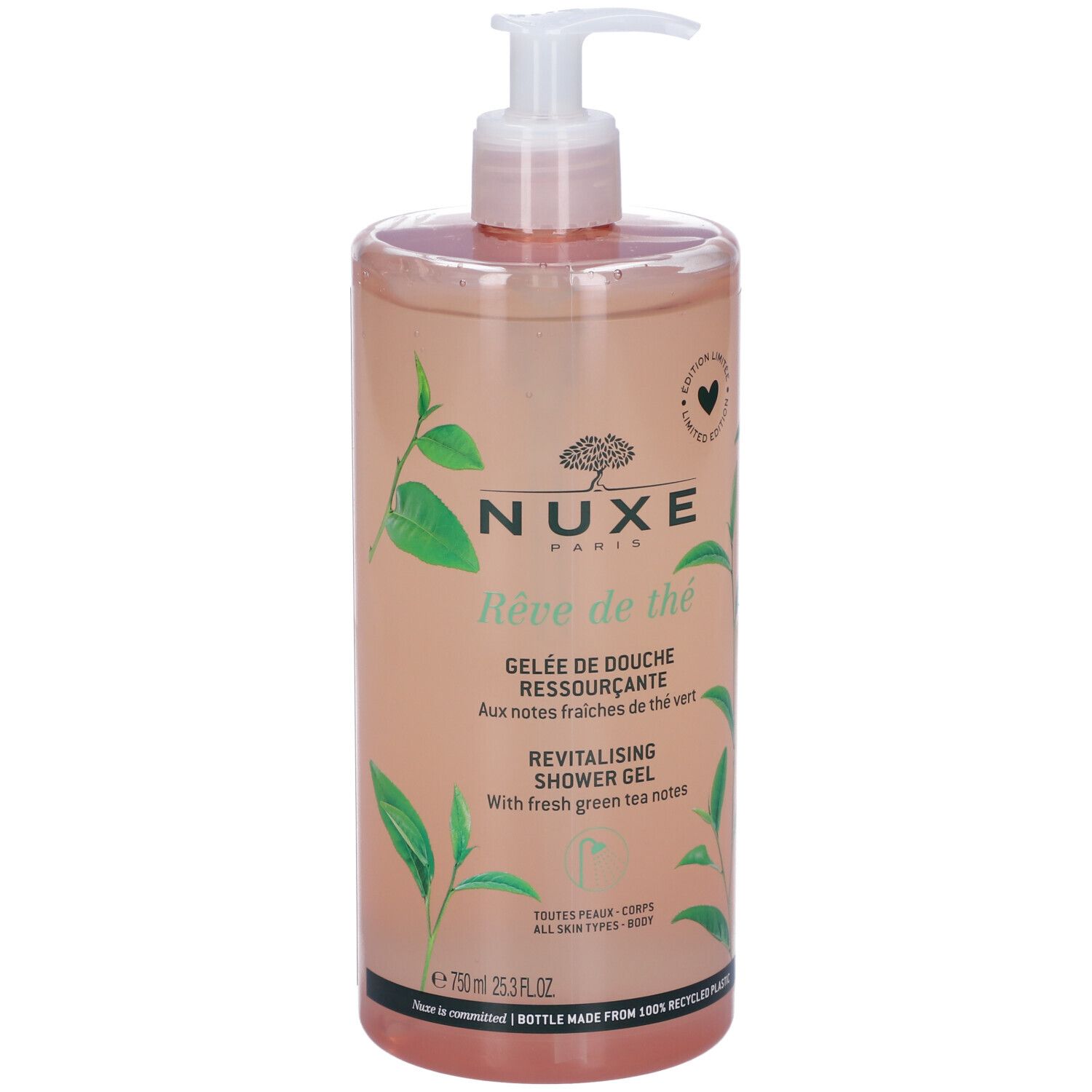 Flacone trasparente con dosatore. Scritta: Nuxe, Rêve de thé, Gelée de Douche. Decorato con foglie di tè verde.