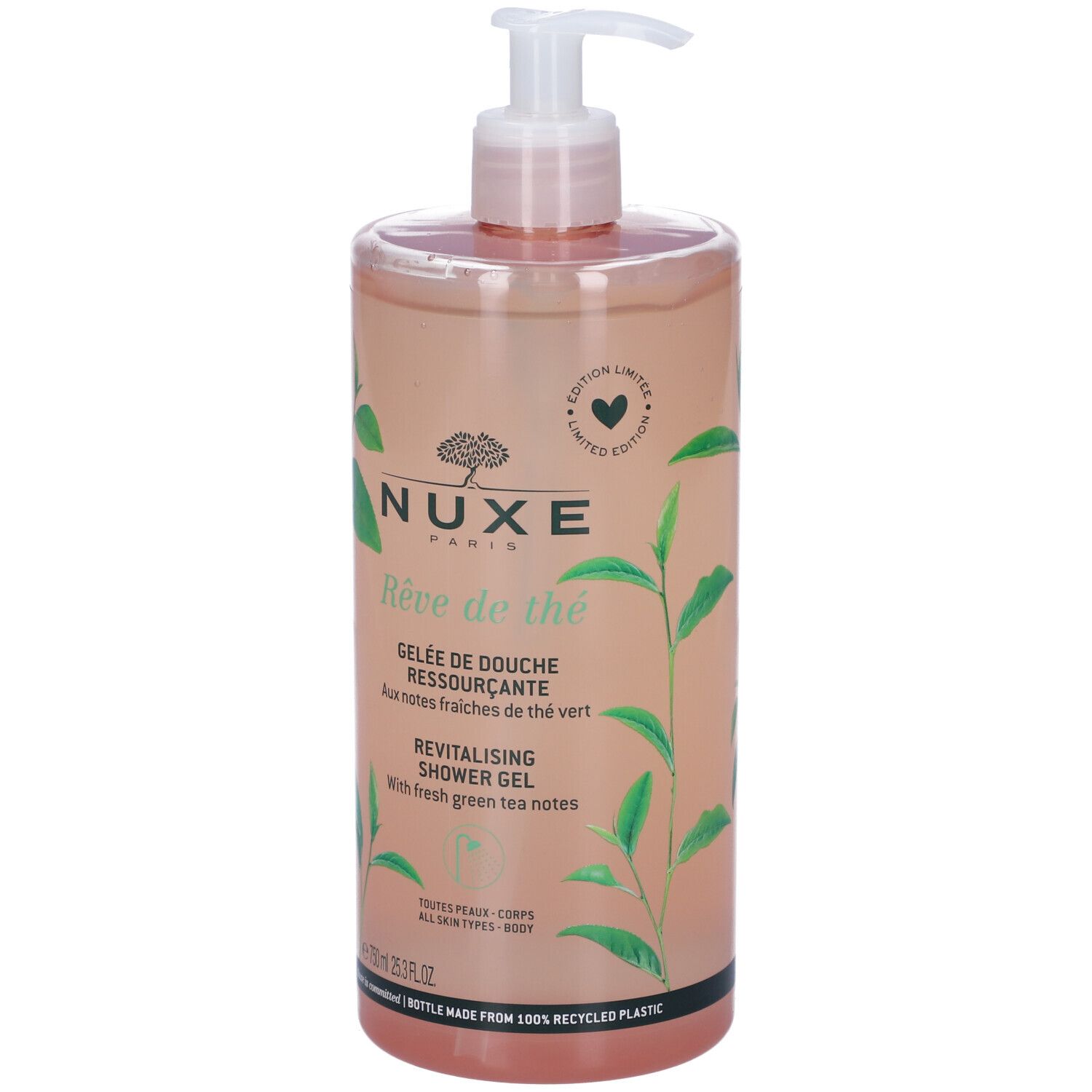 Flacone trasparente con dosatore. Scritta: Nuxe, Rêve de thé, Gelée de Douche. Decorato con foglie di tè verde. Edizione limitata.