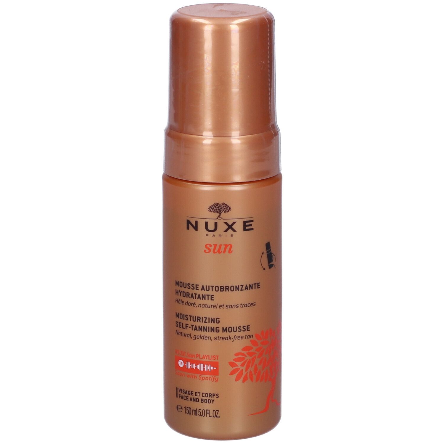 Flacone di mousse autoabbronzante. Colore marrone dorato. Scritte: NUXE sun, Mousse Autobronzante Idratante, 150 ml.
