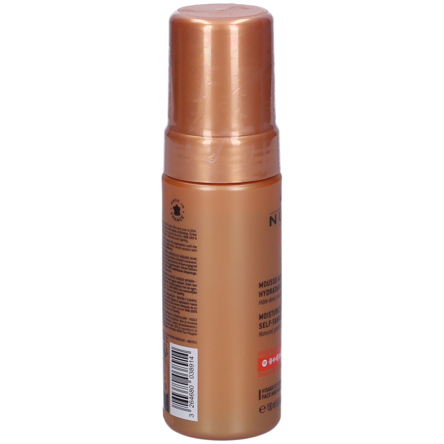 Retro del flacone di mousse autoabbronzante. Colore marrone dorato. Testo e codice a barre.