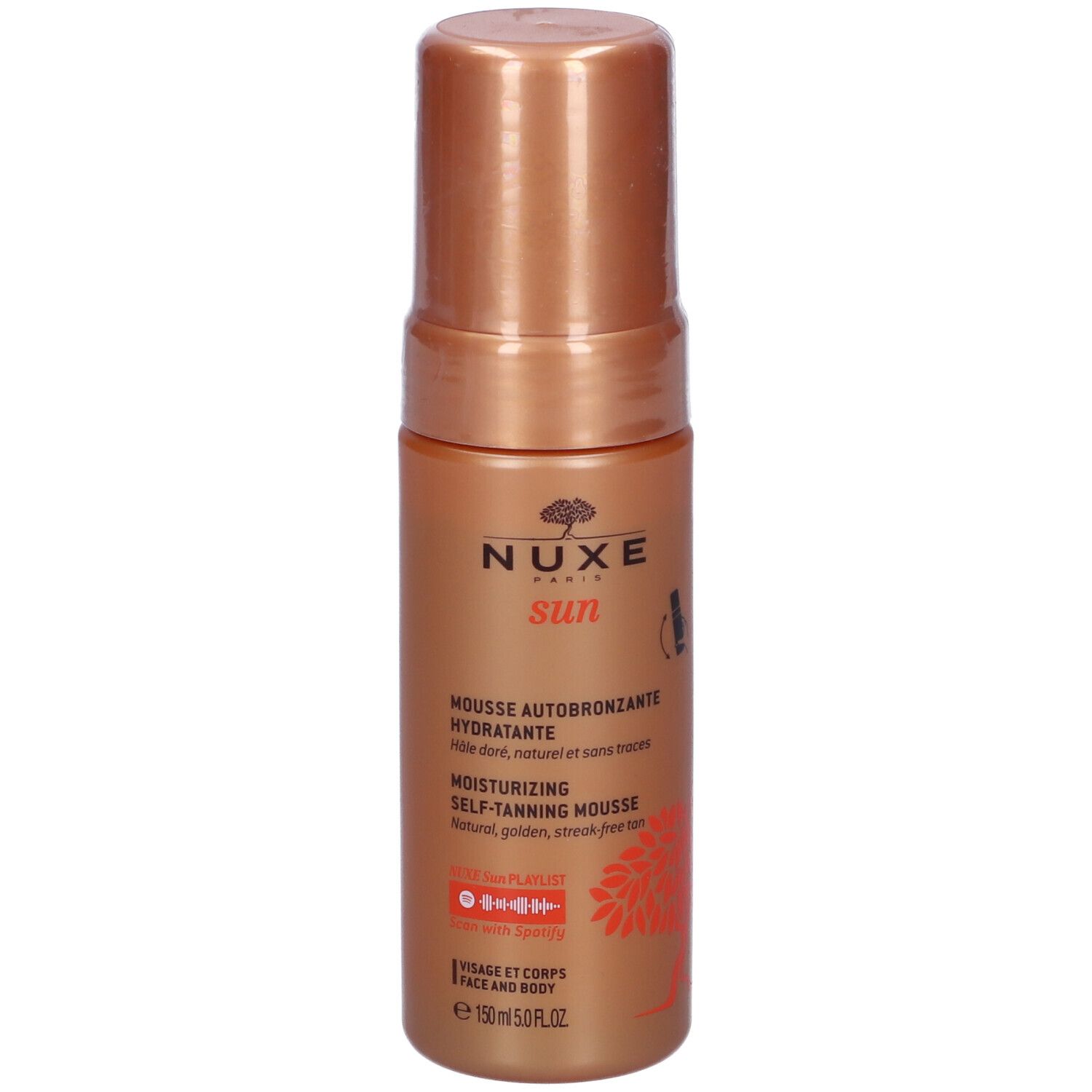 Flacone di mousse autoabbronzante. Colore marrone dorato. Scritte: NUXE sun, Mousse Autobronzante Idratante, 150 ml.