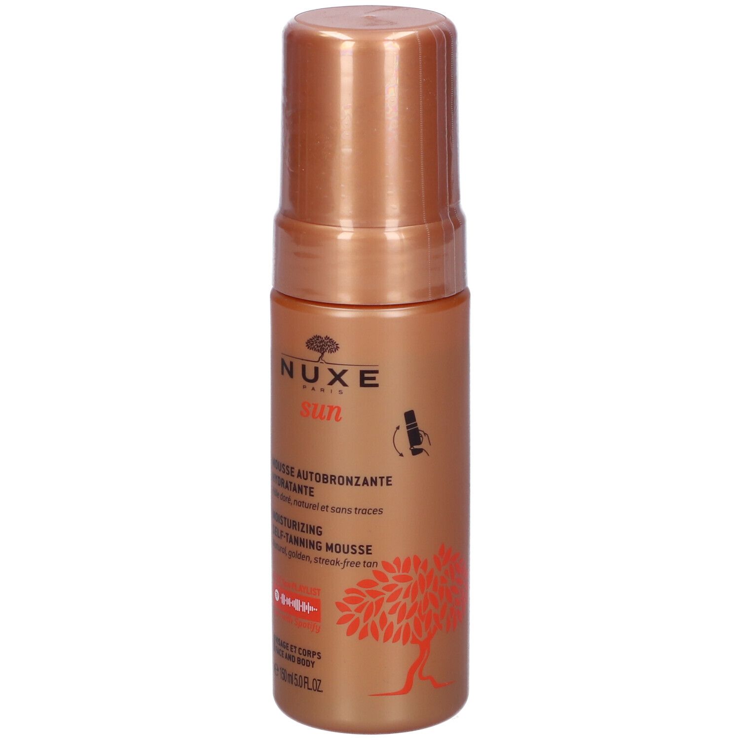 Flacone di mousse autoabbronzante. Colore marrone dorato. Scritte: NUXE sun, Mousse Autobronzante Idratante, 150 ml.