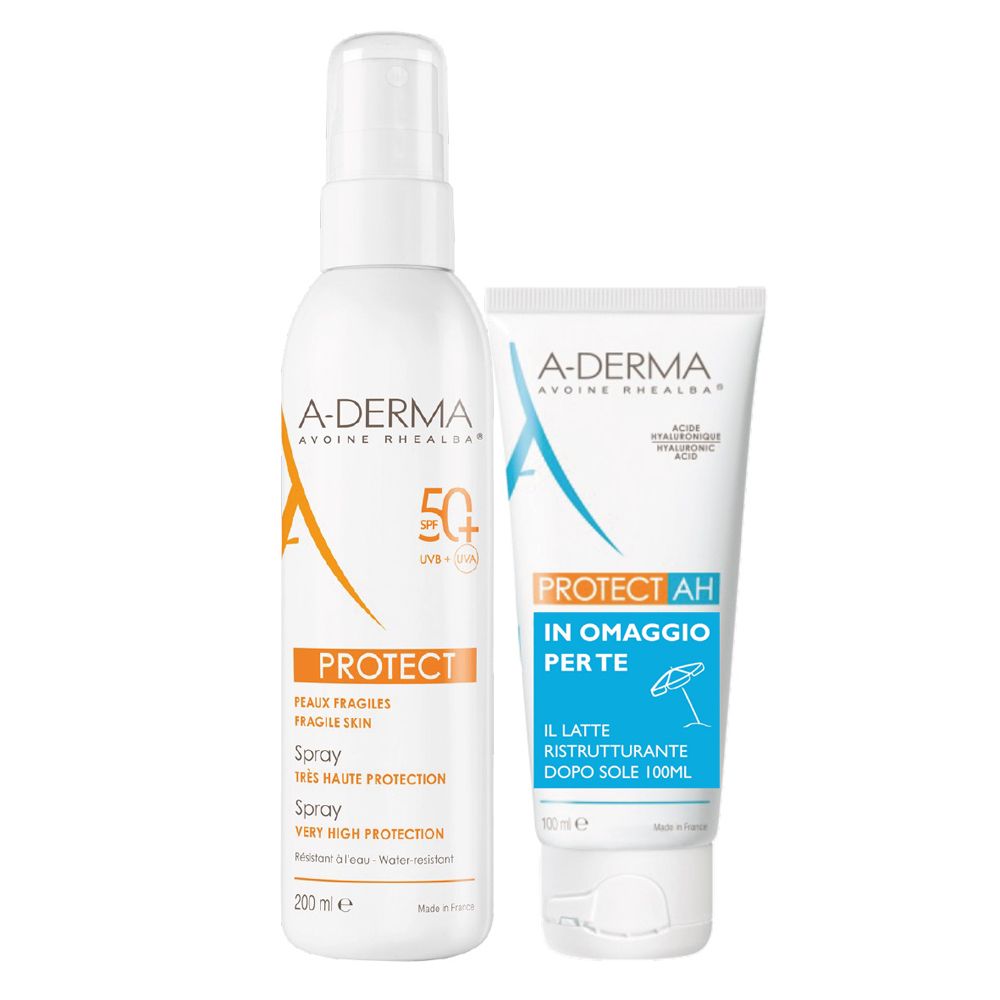 Spray e latte doposole A-Derma Protect. Spray bianco con testo arancione. Latte doposole in tubo.