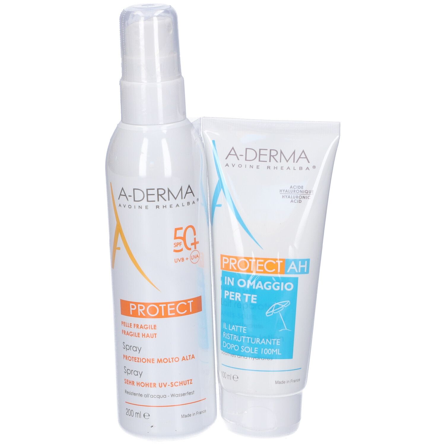 Spray e latte doposole A-Derma Protect. Entrambi i prodotti sono bianchi. Spray con testo arancione.