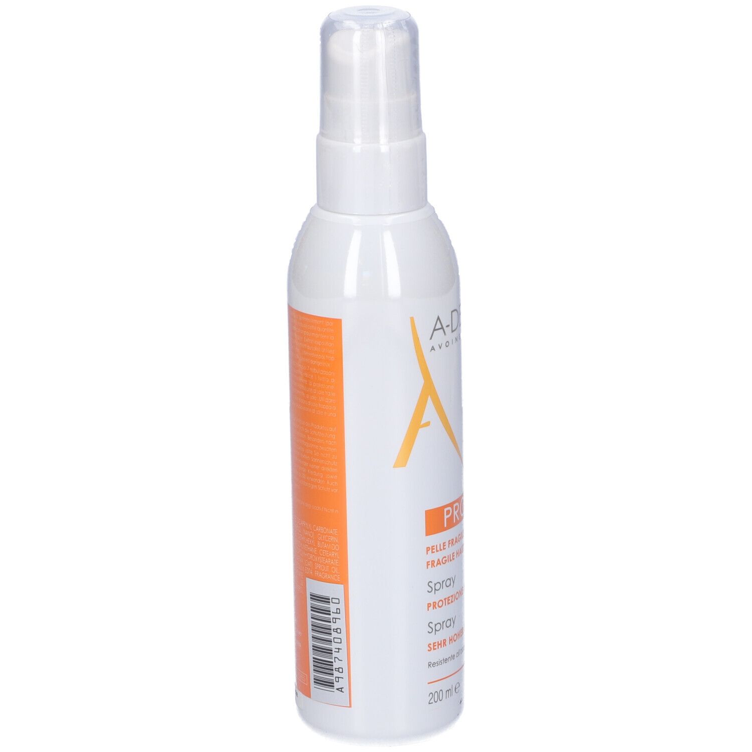 Spray A-Derma Protect, flacone bianco con testo arancione. Vista laterale. Erogatore in alto.
