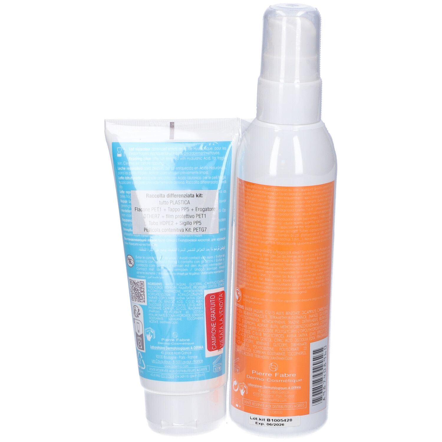 Latte doposole e spray A-Derma Protect. Vista posteriore. Lozione in tubo, spray con testo arancione.