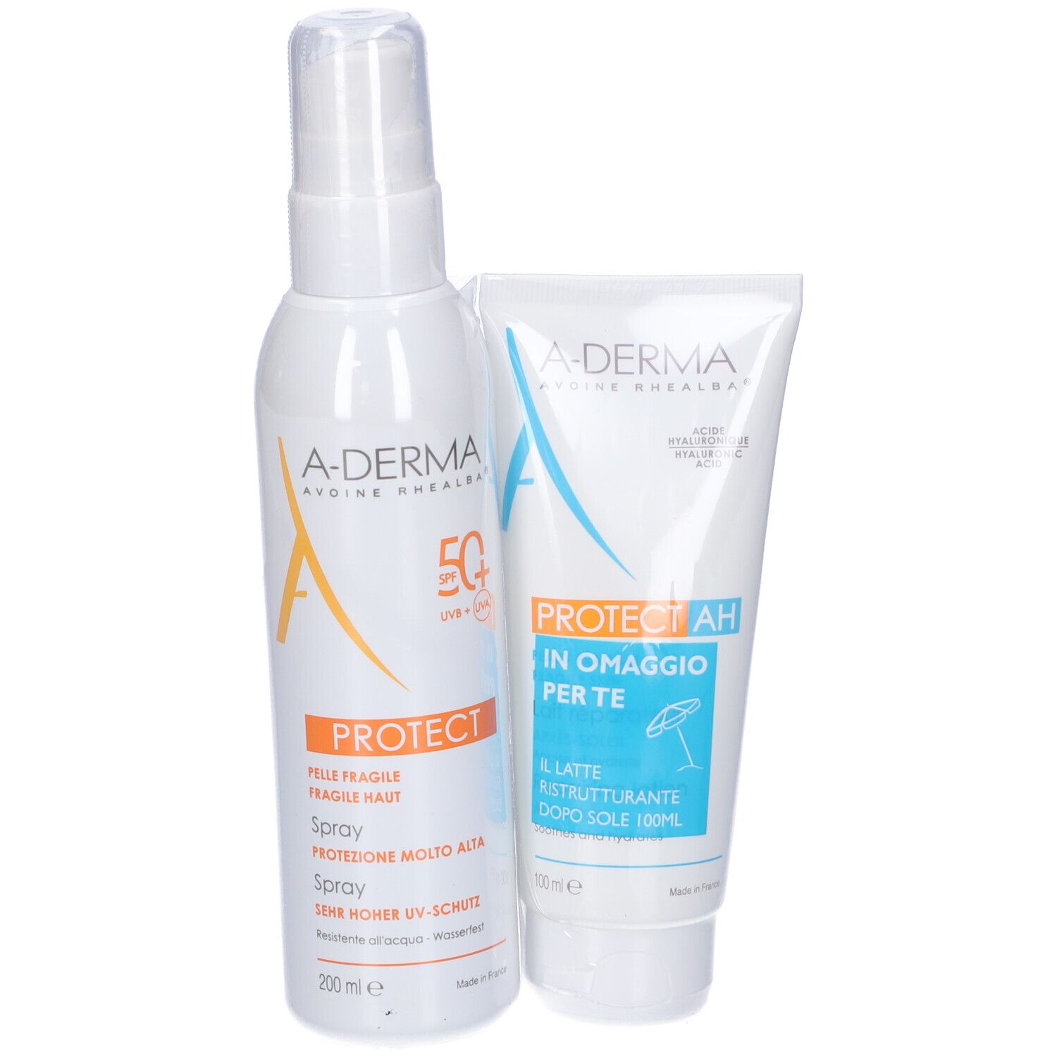 Spray e latte doposole A-Derma Protect. Entrambi i prodotti sono bianchi. Spray con testo arancione.