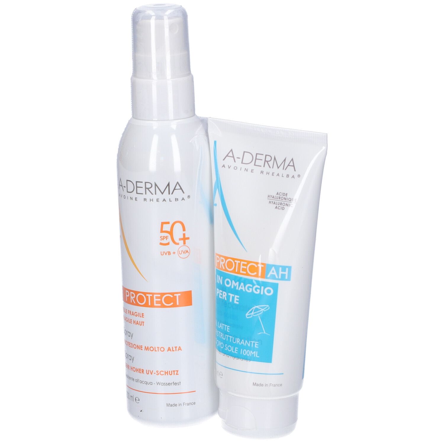 Spray e latte doposole A-Derma Protect. Entrambi i prodotti sono bianchi. Spray con testo arancione.