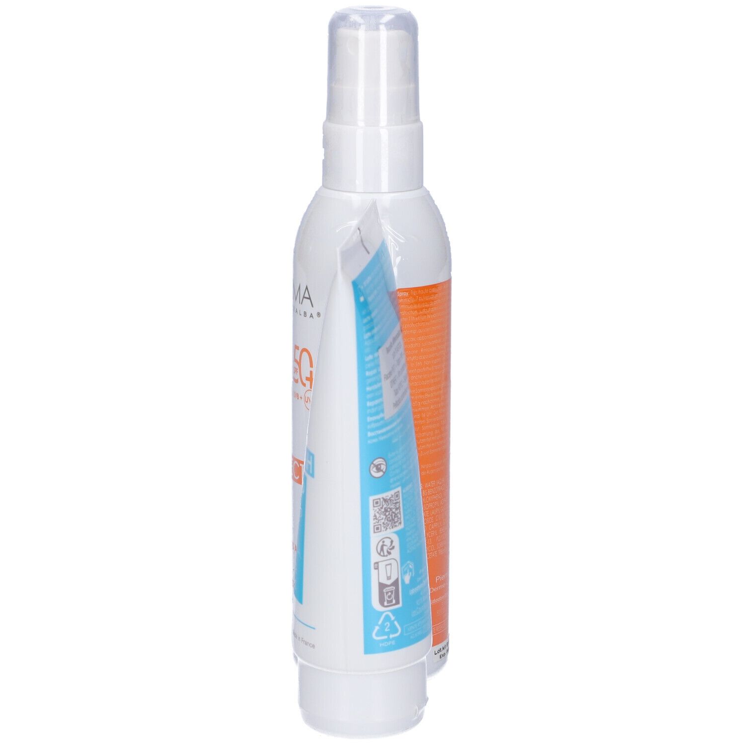 Spray e latte doposole A-Derma Protect. Vista laterale. Spray e tubo confezionati in pellicola.