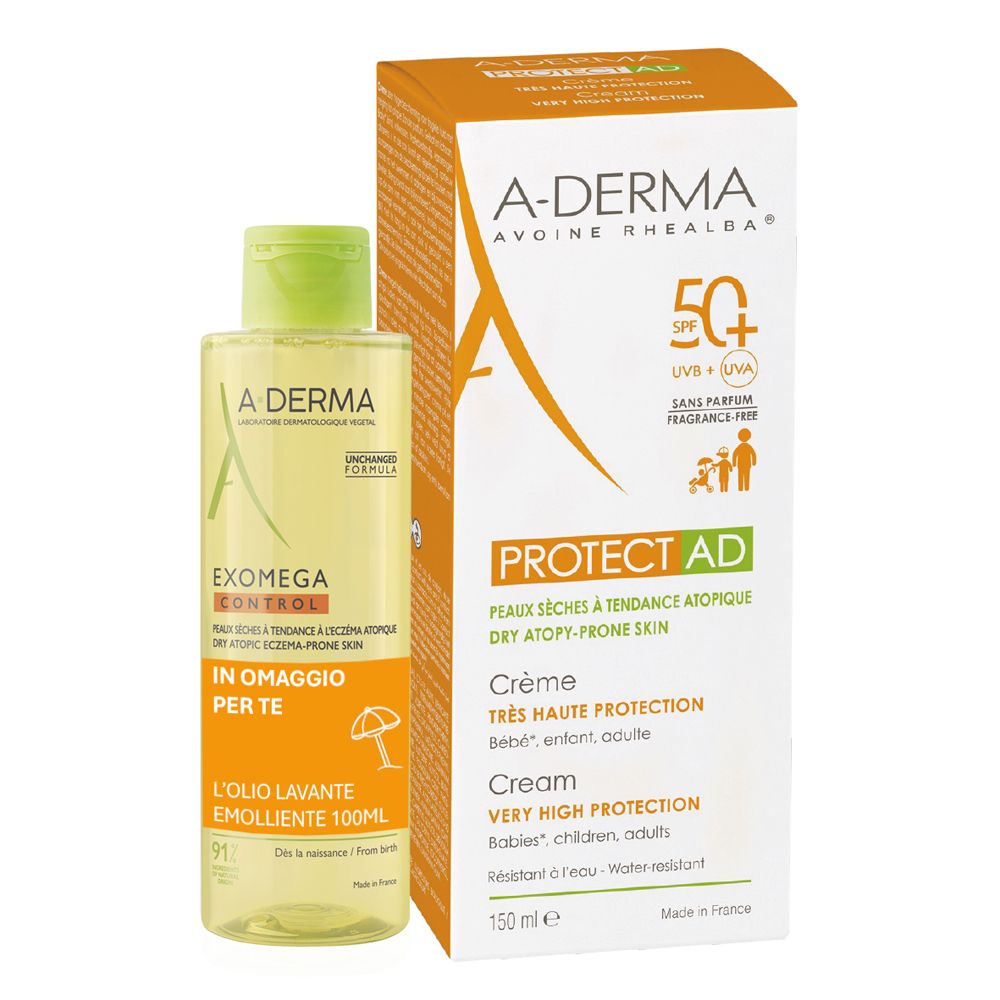 A-Derma Protect AD SPF50+ Crema Solare + Exomega Control Olio Lavante Emolliente in Omaggio