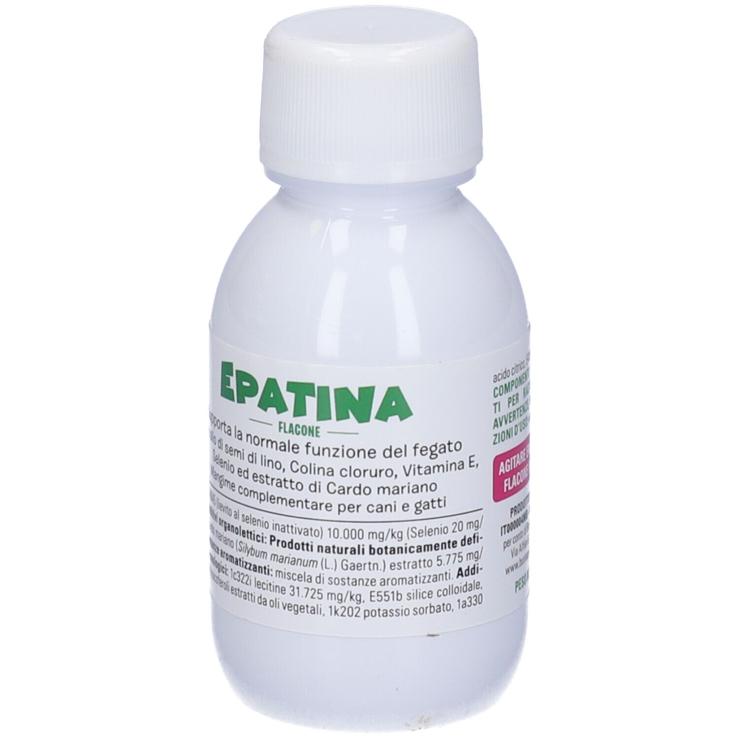 Weiße Flasche mit weißem Deckel, Vorderseite mit Text 'EPATINA FLACONE' und Abbildung von Hund und Katze.
