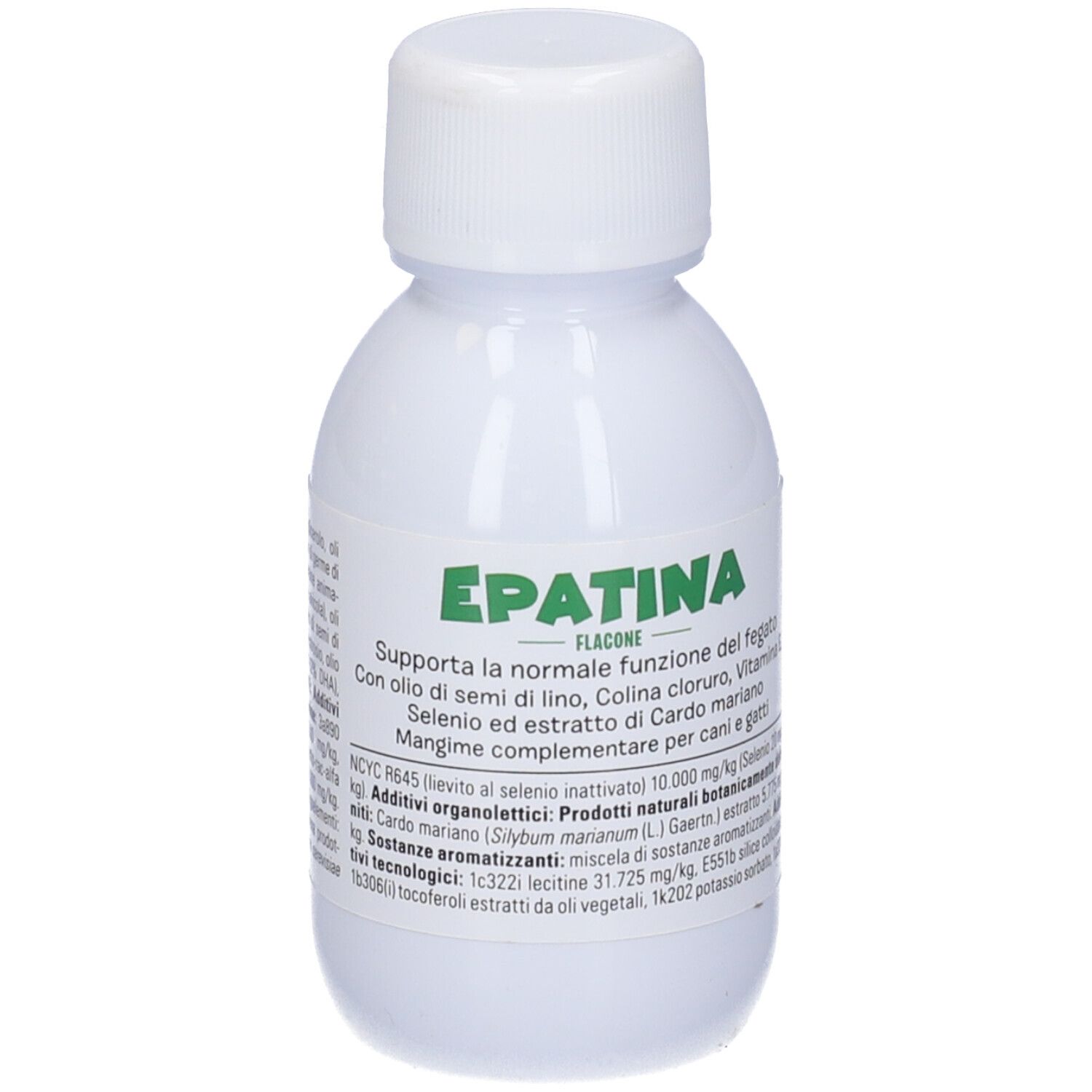 Weiße Flasche mit weißem Deckel, Vorderseite mit Text 'EPATINA FLACONE' und Abbildung von Hund und Katze.