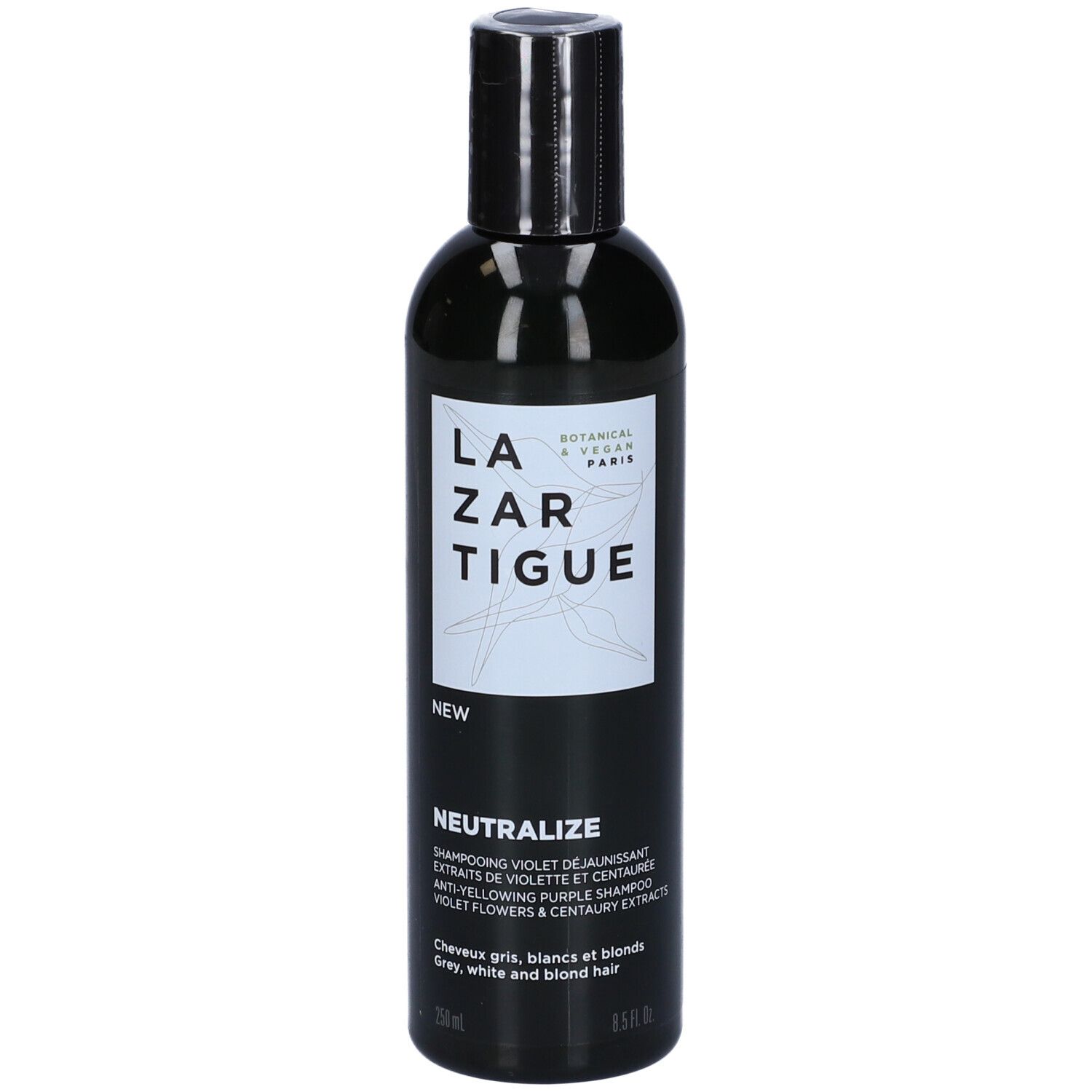 Flacone nero con etichetta bianca. Scritta: LAZARTIGUE, NEUTRALIZE, shampoo per capelli grigi, bianchi e biondi.