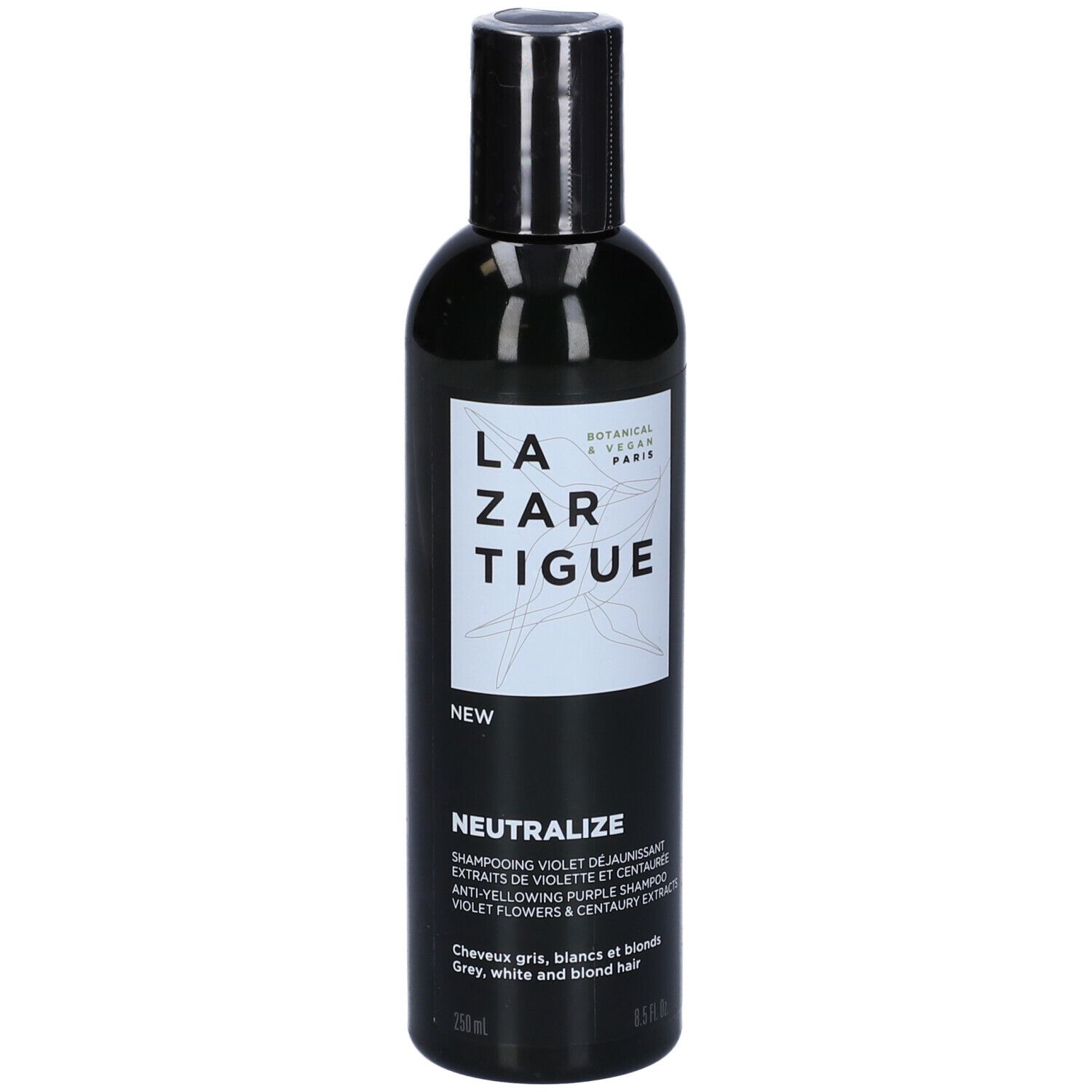 Flacone nero con etichetta bianca. Scritta: LAZARTIGUE, NEUTRALIZE, shampoo per capelli grigi, bianchi e biondi.