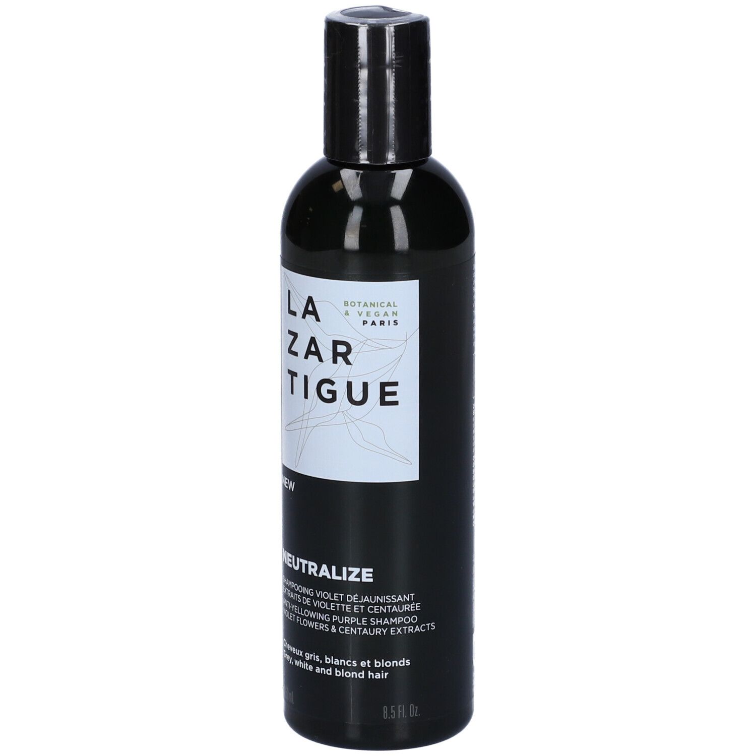 Flacone nero con etichetta bianca. Scritta: LAZARTIGUE, NEUTRALIZE, shampoo per capelli grigi, bianchi e biondi.