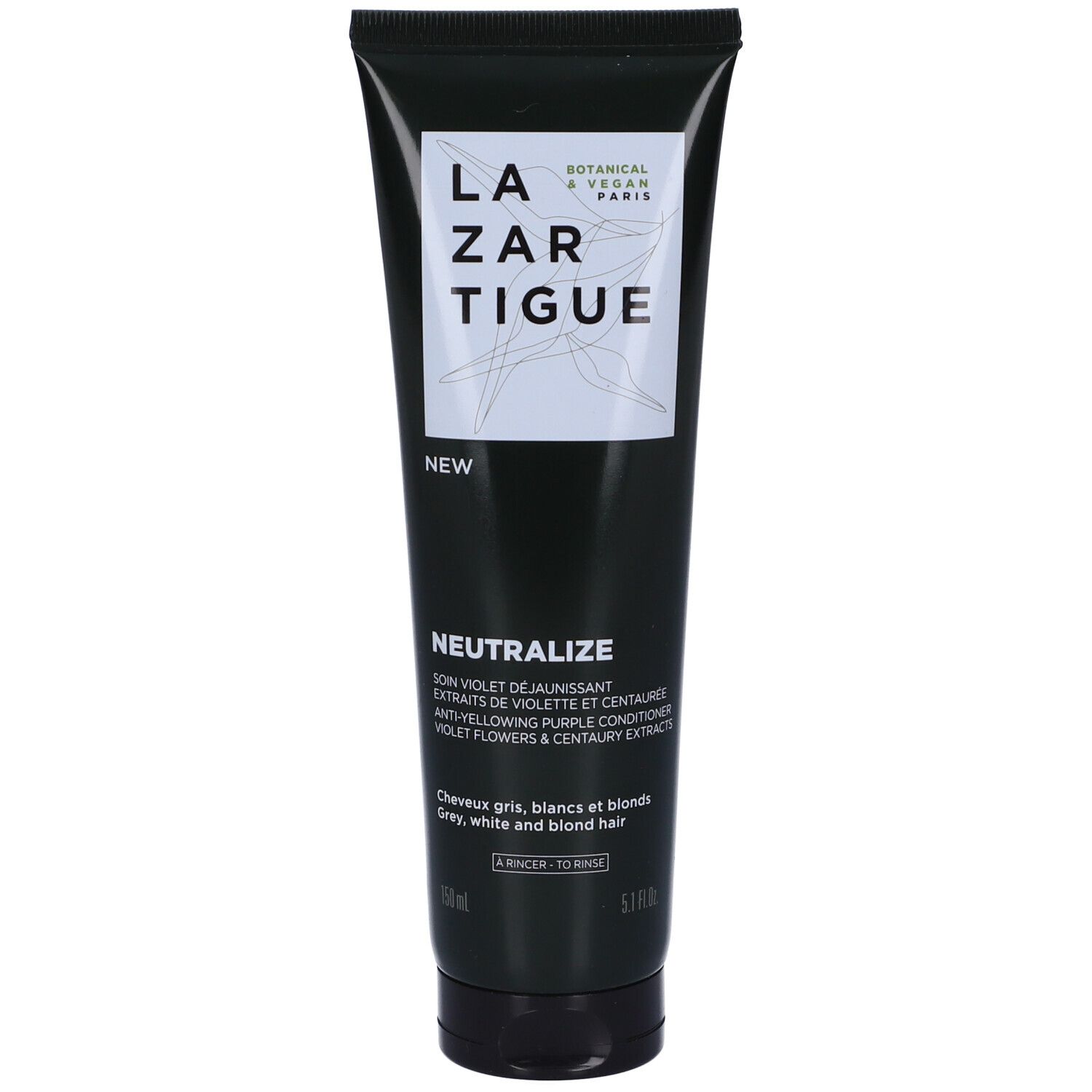 Tubo nero con etichetta bianca. Scritta: Lazartigue Neutralize. Testo: soin violet de jaunissant. Per capelli grigi e biondi.