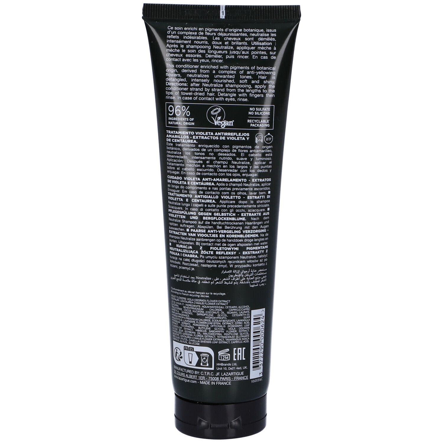 Retro del tubo nero. Testo e loghi. Scritta: 96% ingredienti naturali. Logo vegano. Senza siliconi.
