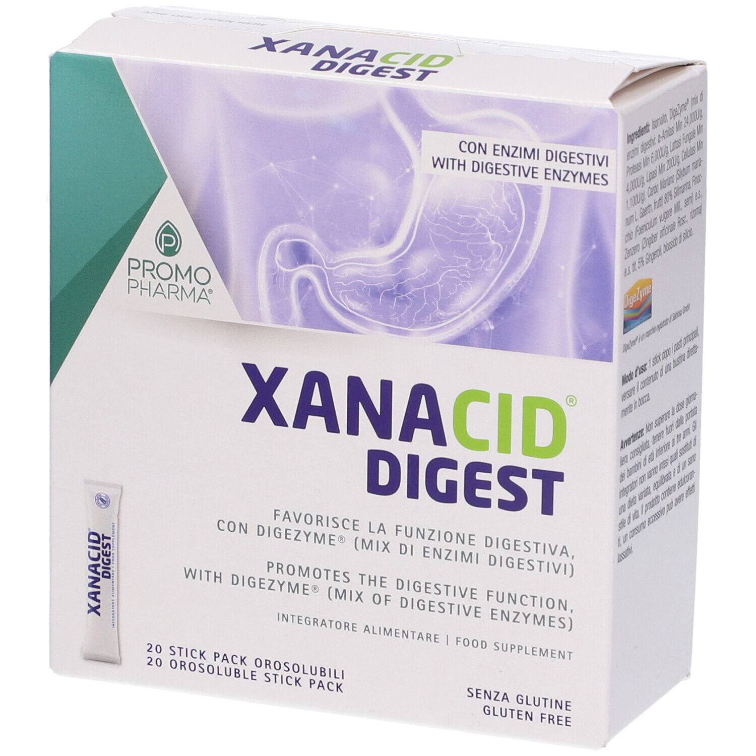 Confezione di Xanacid Digest. Contiene 20 stick pack. Scritta: "Con enzimi digestivi".