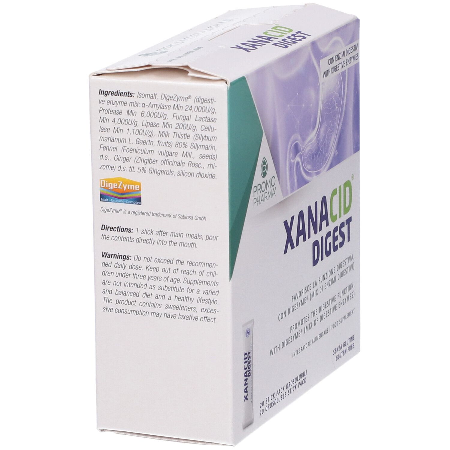 Confezione di Xanacid Digest, vista laterale. Ingredienti e avvertenze. Contiene 20 stick pack.