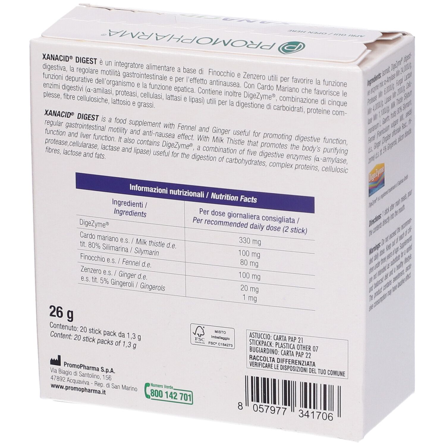 Retro della confezione Xanacid Digest. Informazioni nutrizionali e ingredienti. 20 stick pack.